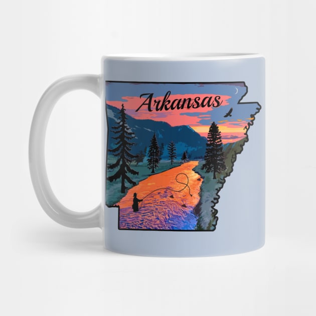 Fly Fishing Arkansas State Map Mountain Sunset River Retro by TeeCreations